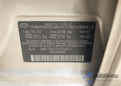 2007 Hyundai Sonata Gls из США, поврежденный, VIN 5NPET46C97H290113